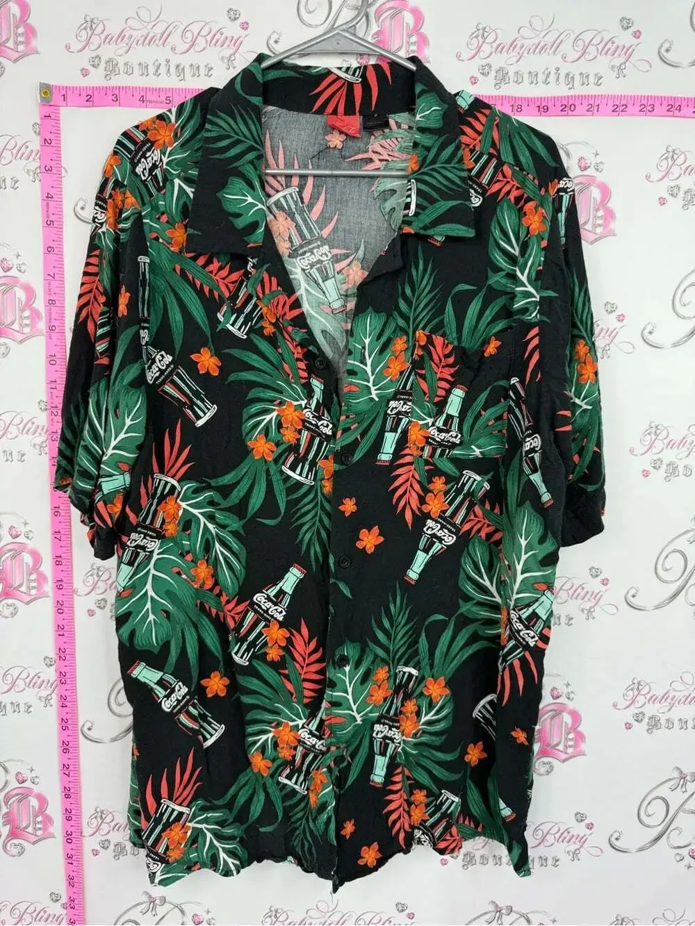 Coca Cola Black Tropical Button-Up Shirt with Green and Orange Print